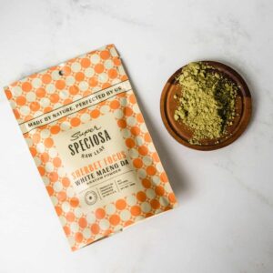 package of Super Speciosa Kratom Powder Sherbet Focus next to kratom powder