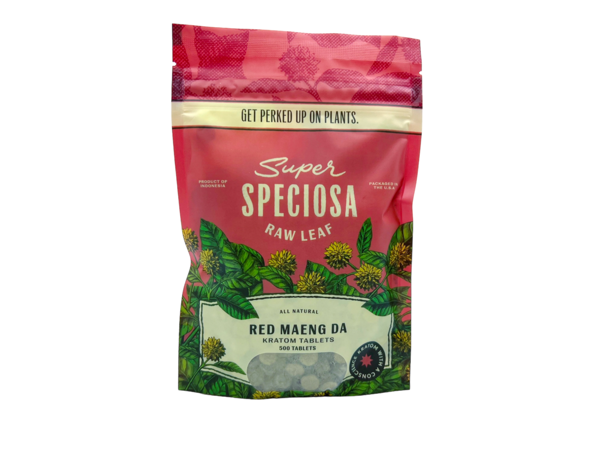 front of bag of Super Speciosa Red Maeng Da Kratom Tablets (var 1)