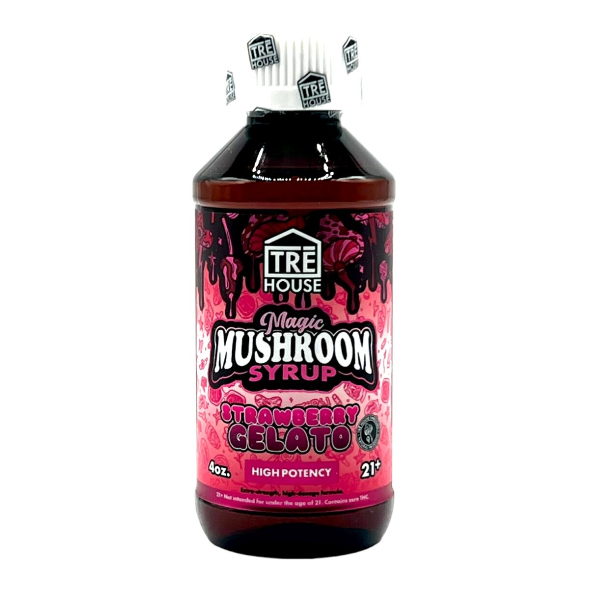 front of bottle of Tre House Magic Mushroom Syrup Strawberry Gelato