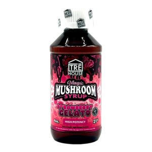 front of bottle of Tre House Magic Mushroom Syrup Strawberry Gelato