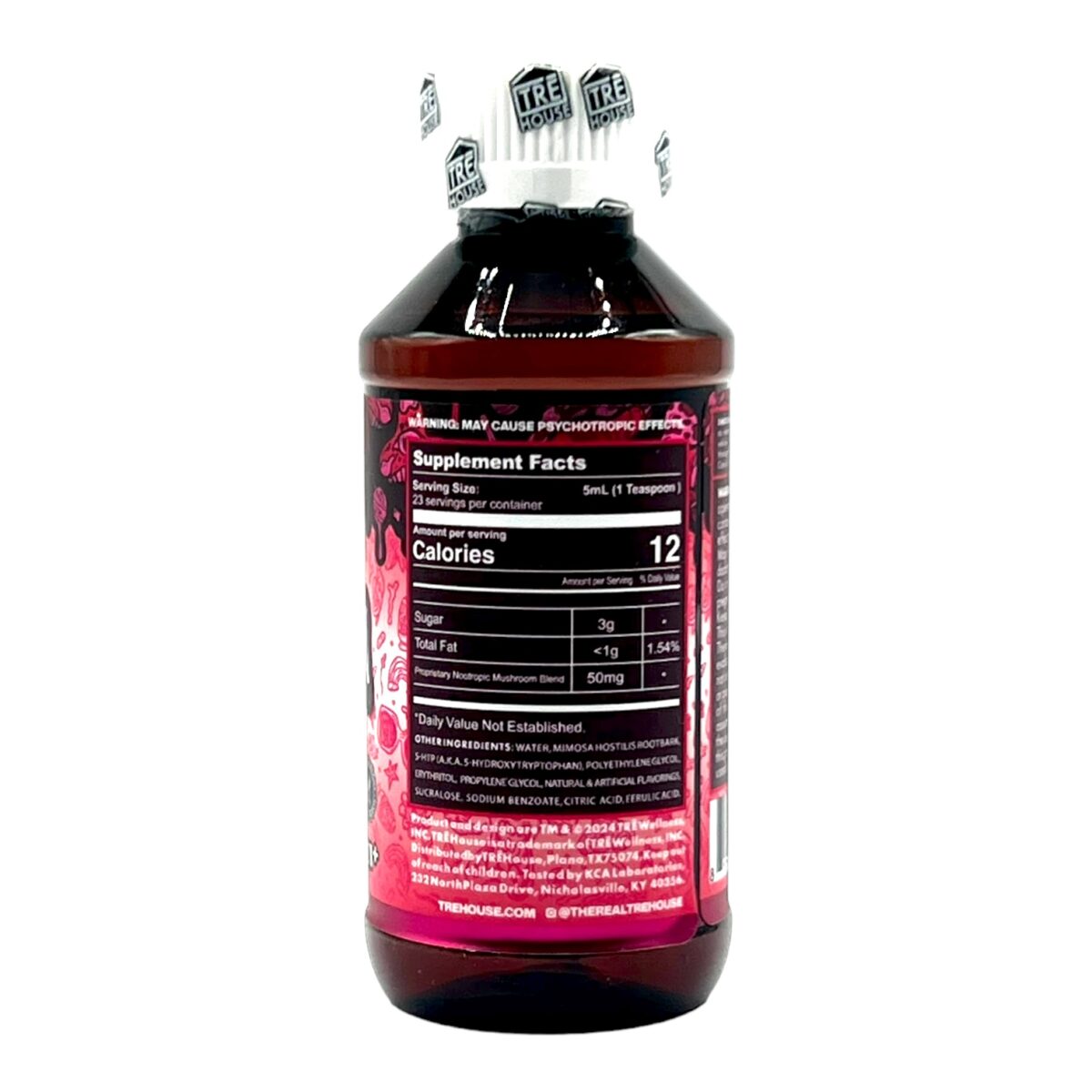 back of bottle of Tre House Magic Mushroom Syrup Strawberry Gelato