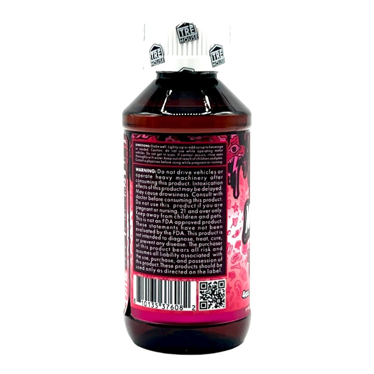 back of bottle of Tre House Magic Mushroom Syrup Strawberry Gelato
