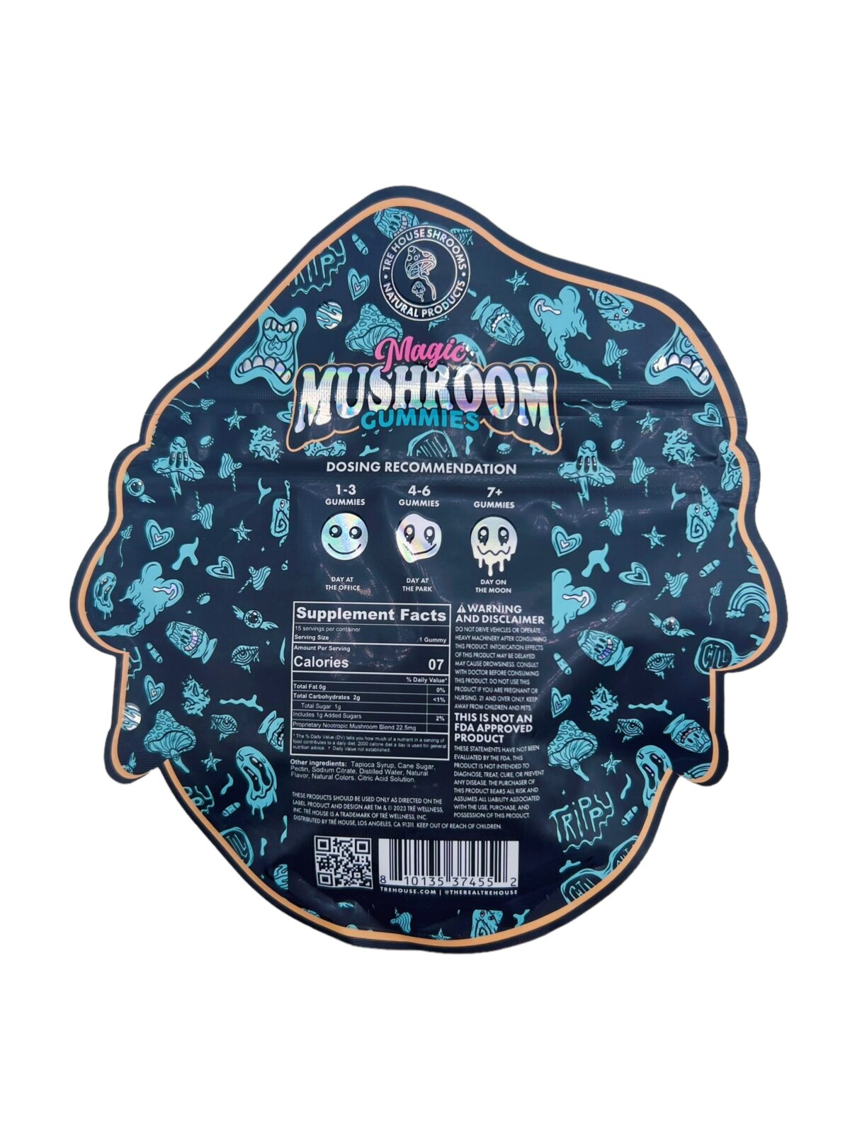 back of pack of Tre House Sour Tropical Magic Mushroom Gummies