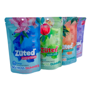 spread of multiple bags of Zuted Pomegranate Sea Moss Energy Gummies