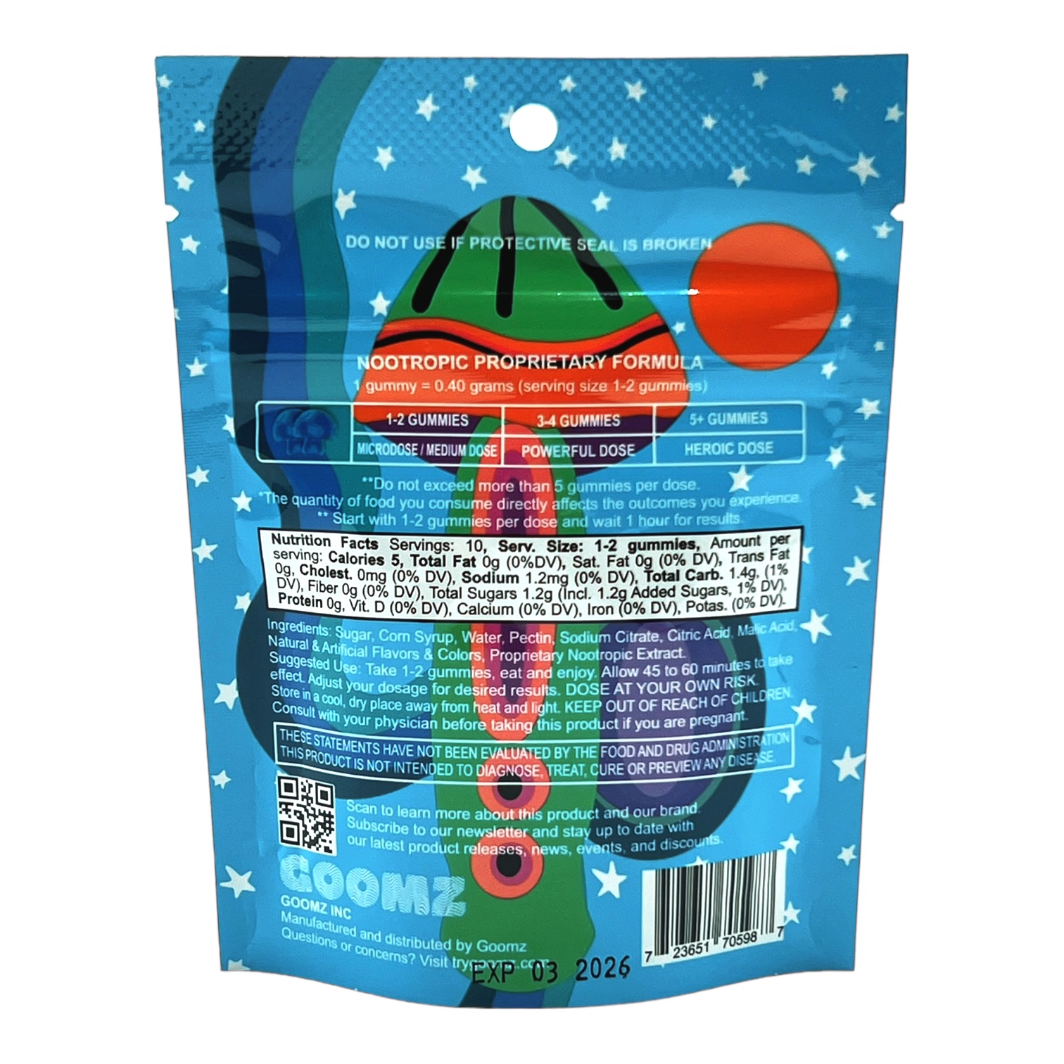 back of bag of Goomz Mushroom Gummies Blue Raspberry