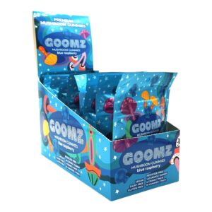 display box of Goomz Mushroom Gummies Blue Raspberry