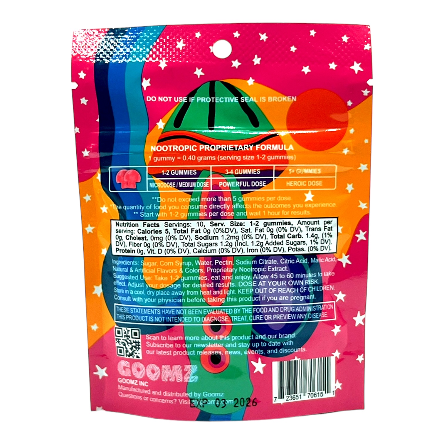 back of bag of Goomz Mushroom Gummies Starbites
