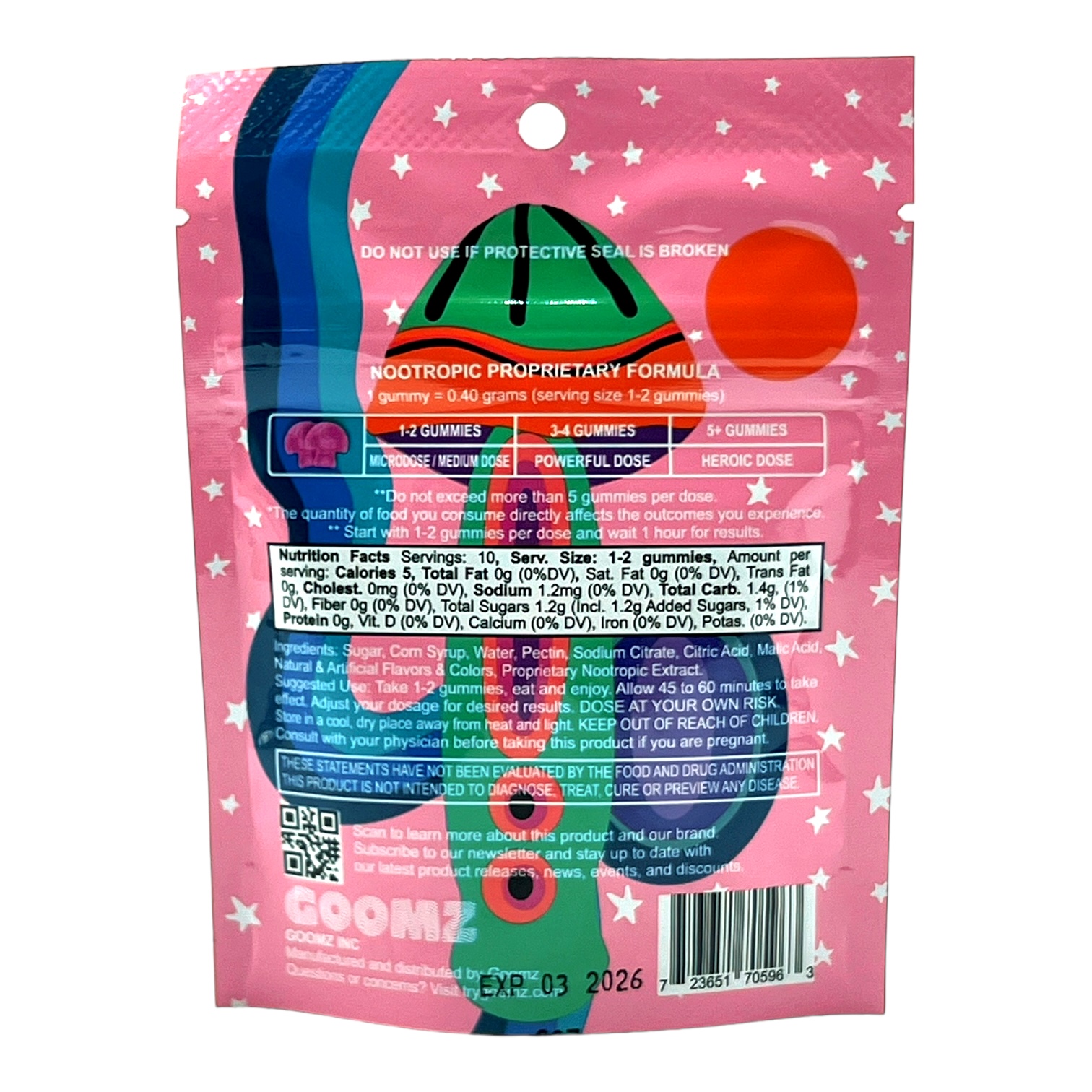 back of bag of Goomz Mushroom Gummies Strawberry
