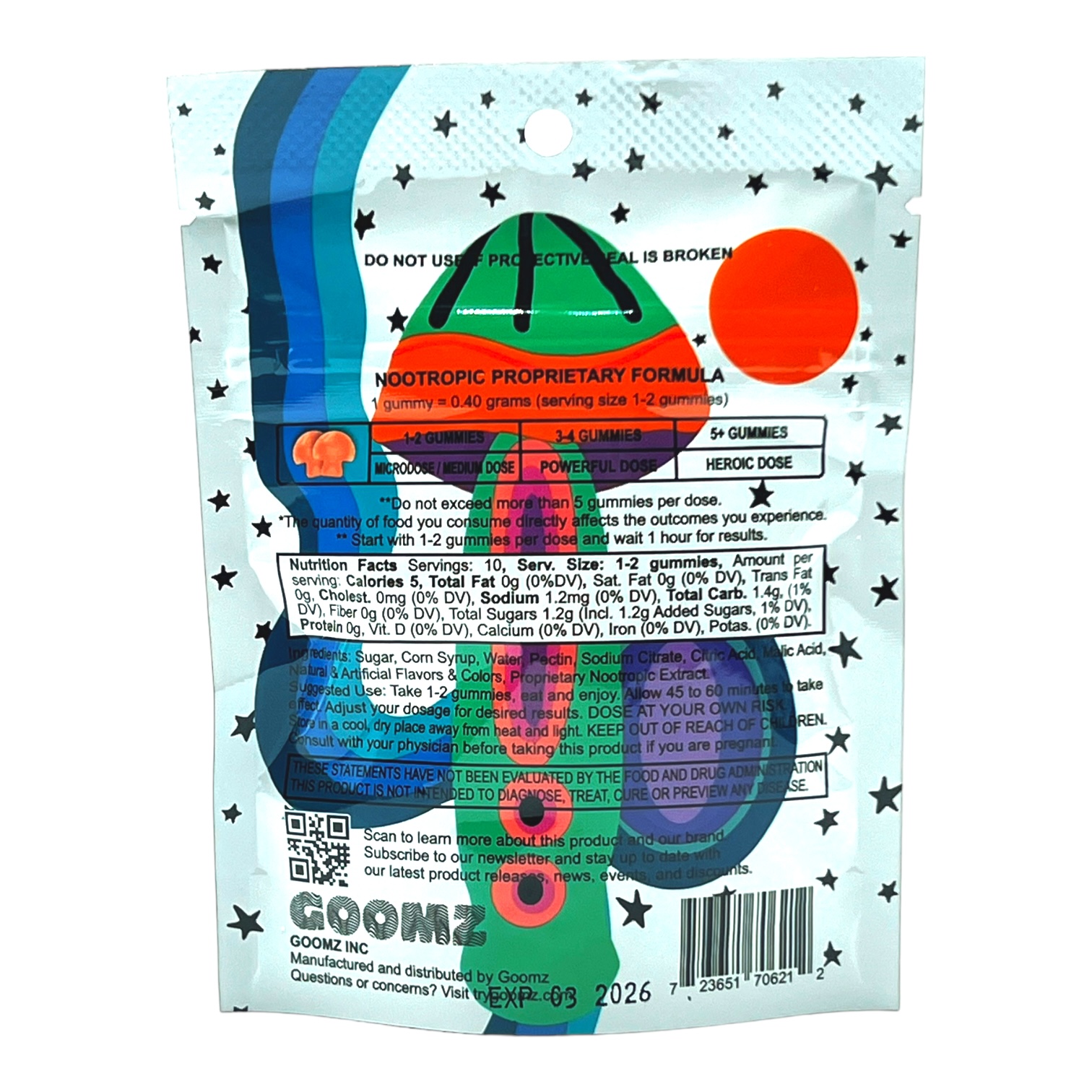 back of bag of Goomz Mushroom Gummies White Peach