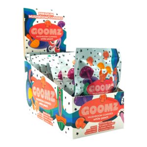 display box of Goomz Mushroom Gummies White Peach
