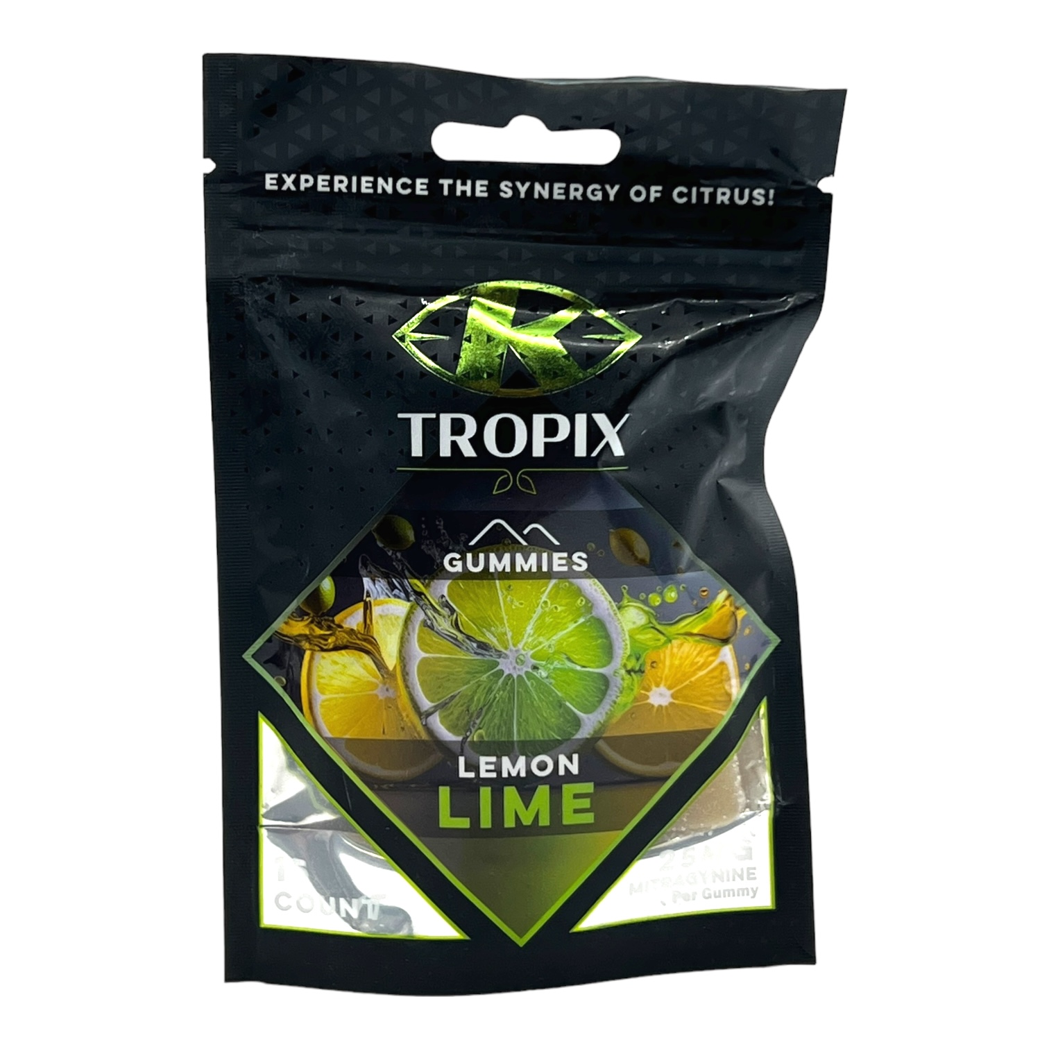 front of bag of K-Tropix Kratom Gummies Lemon Lime
