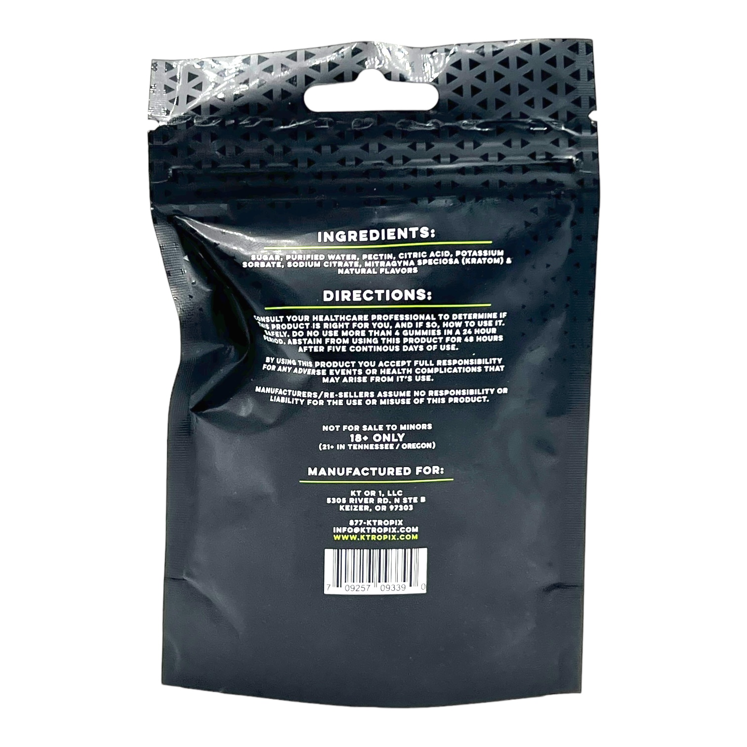 back of bag of K-Tropix Kratom Gummies Lemon Lime