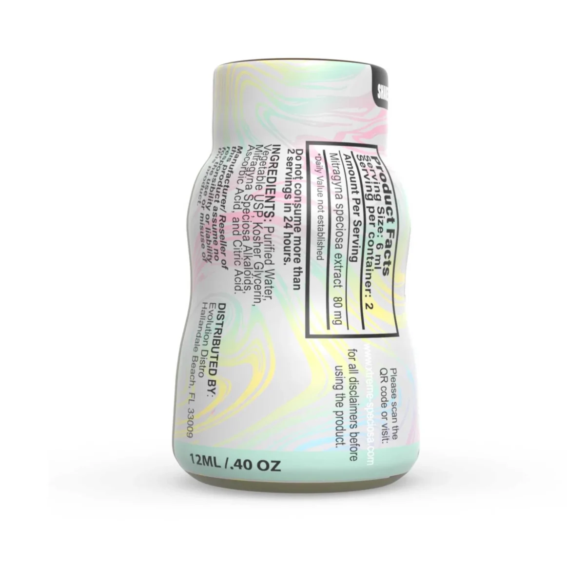 back of bottle of Xtreme Speciosa Nano Kratom Shot 160mg 12mL