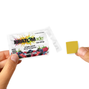 single pack of KRATOMade Iso-Strip Berry Mix 50mg with hand holding product next to wrapping