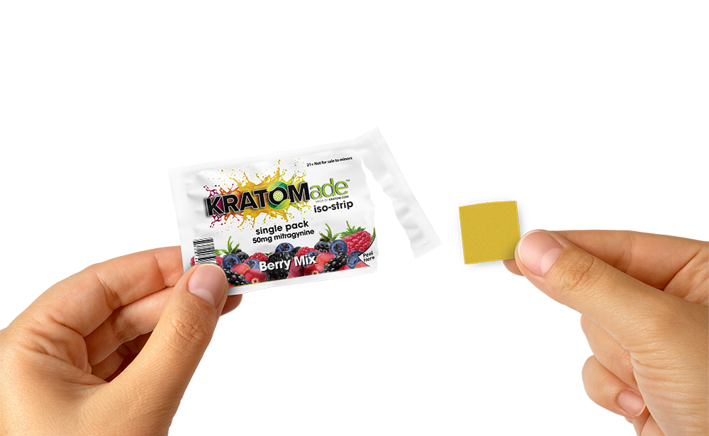 single pack of KRATOMade Iso-Strip Berry Mix 50mg with hand holding product next to wrapping