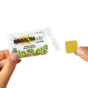 single packet of KRATOMade Iso-Strip Berry Mix 50mg with product held next to it (var 2)