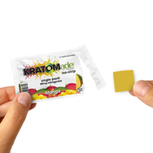 single packet of KRATOMade Iso-Strip Berry Mix 50mg with product held next to it (var 1)