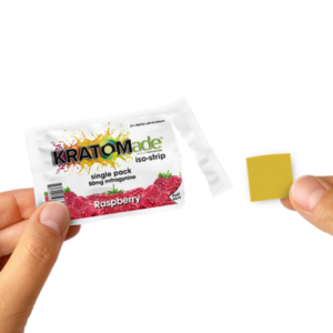 single packet of KRATOMade Iso-Strip Berry Mix 50mg with product held next to it (var 3)