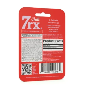back of single card of 7rx Chill 7-OH Kratom Tablets 3ct
