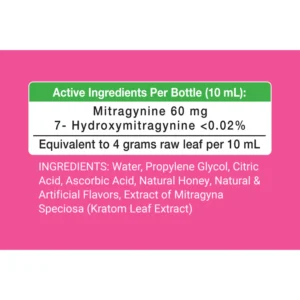 ingredient label for Happy Hippo Kratom Extract Shot Sour Apple 10mL