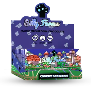 display box of Silly Farms Cookies and Magic Magic Mushroom Chocolate Bar