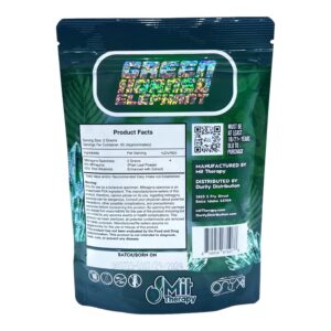back of bag of MIT Therapy Onyx Green Horned Elephant Kratom Powder