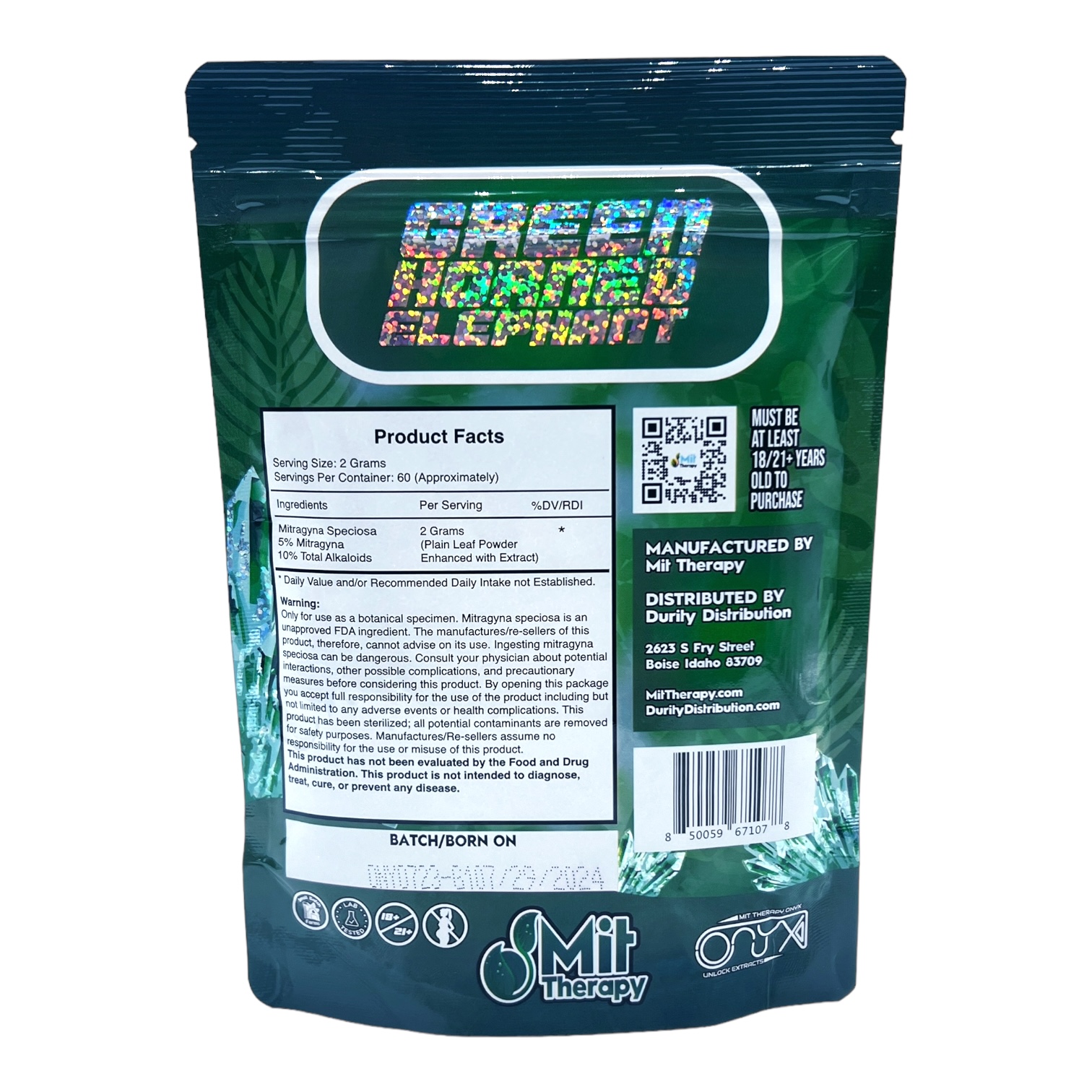 back of bag of MIT Therapy Onyx Green Horned Elephant Kratom Powder