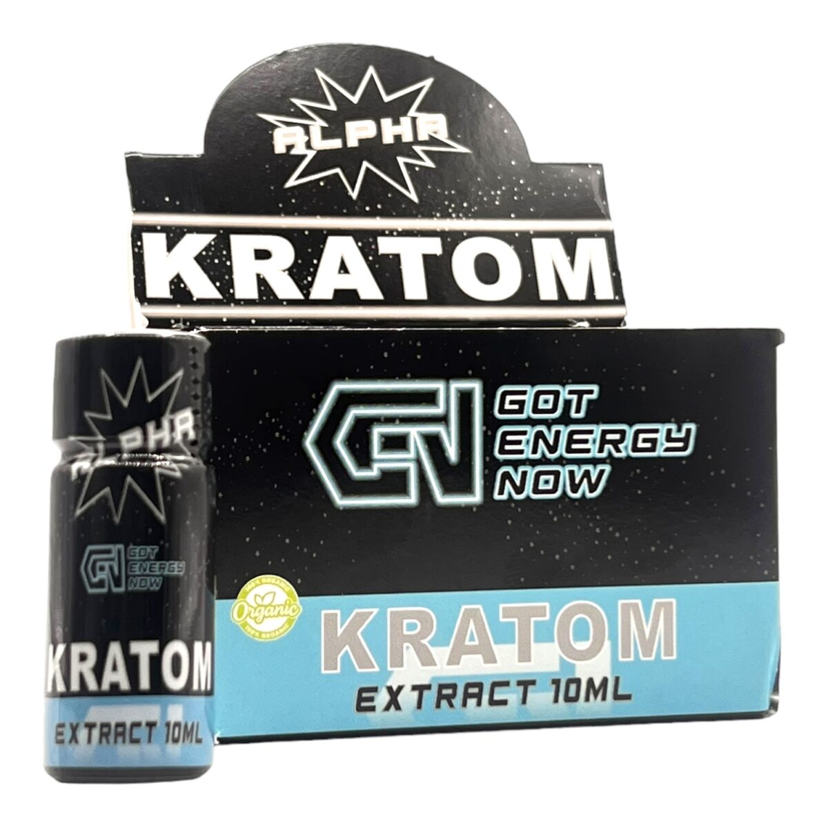 bottle and box of G-E-N Alpha Kratom Extract Shot 180mg MIT 10mL (var 1)
