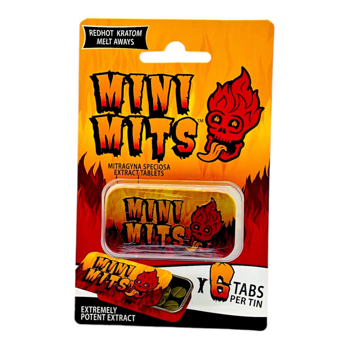 front of single card of Mini Mits Firece Cinnamon Kratom Tablets - 6 ct