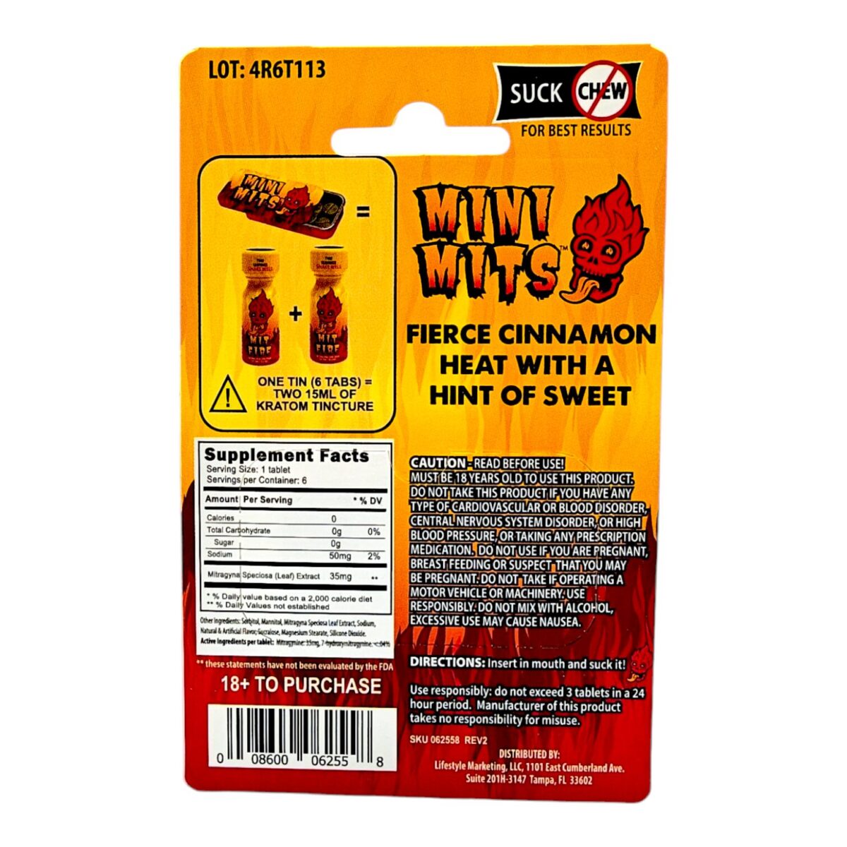 back of single card of Mini Mits Firece Cinnamon Kratom Tablets - 6 ct