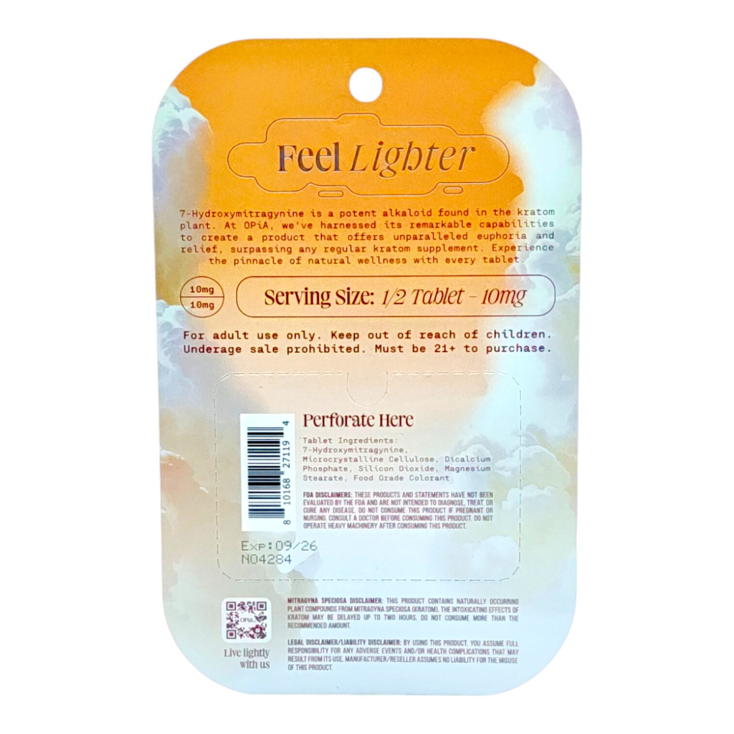 back of single card of Opia 7-OH Shot 30mg 7-OH 60mL