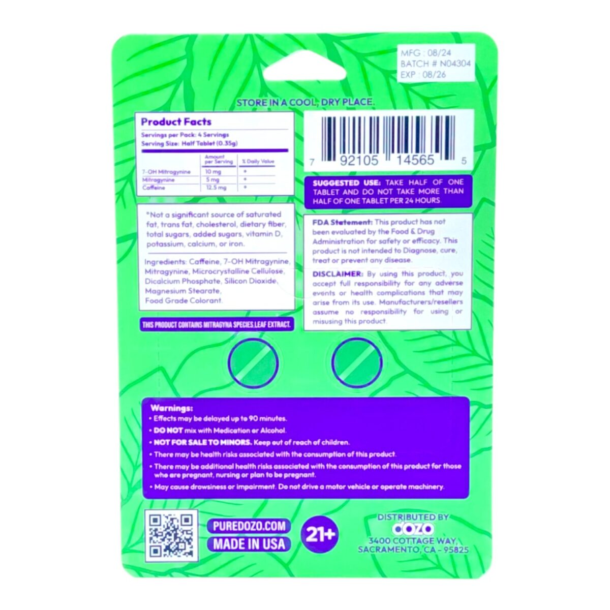 back of single card of Dozo PERKS 7-OH Tablets 20mg - Raw Gold, 2 Count