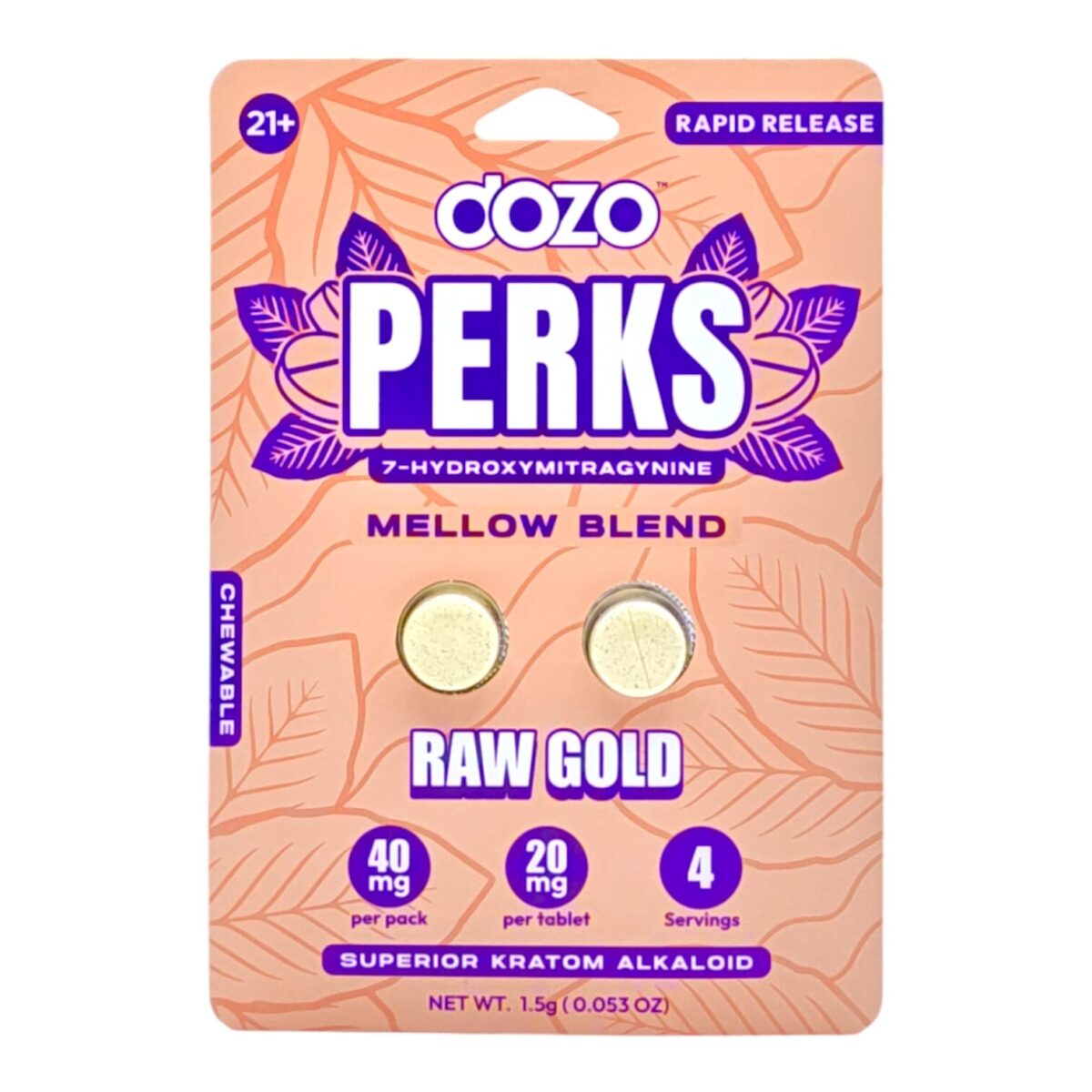front of single card of Dozo PERKS 7-OH Tablets 20mg - Raw Gold, 2 Count (var 1)