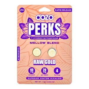 front of single card of Dozo PERKS 7-OH Tablets 20mg - Raw Gold, 2 Count (var 1)