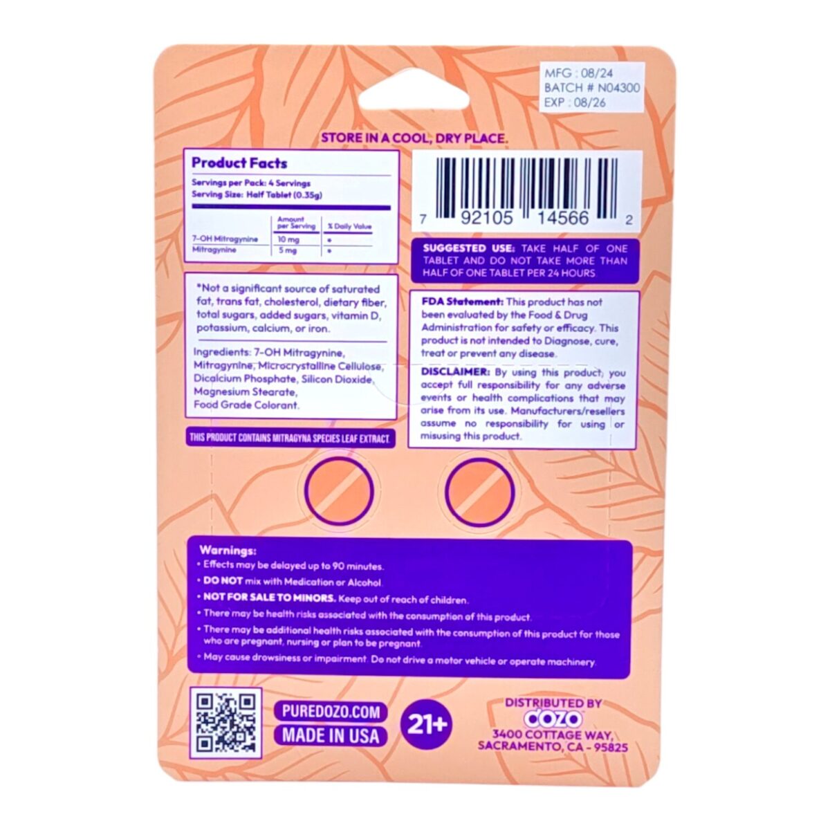 back of single card of Dozo PERKS 7-OH Tablets 20mg - Raw Gold, 2 Count (var 1)