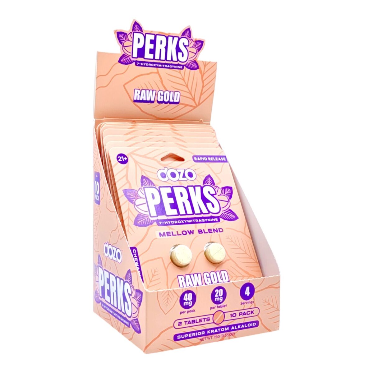 display box of Dozo PERKS 7-OH Tablets 20mg - Raw Gold, 2 Count (var 1)
