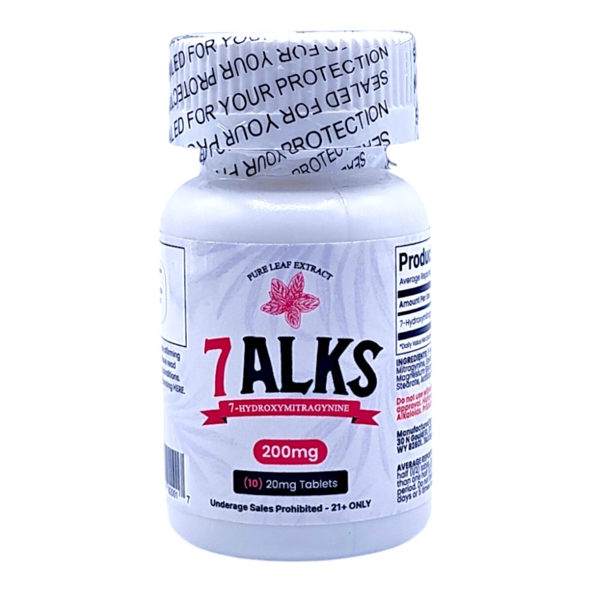 front of bottle of 7 Alks 7-OH Kratom Tablets 20mg (var 1)