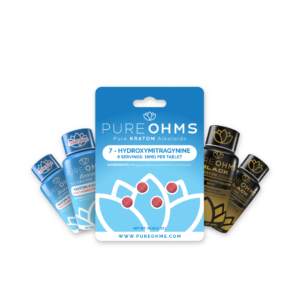 fanned out product variations of Pure OHMS Black 75mg 7-OH 60mL