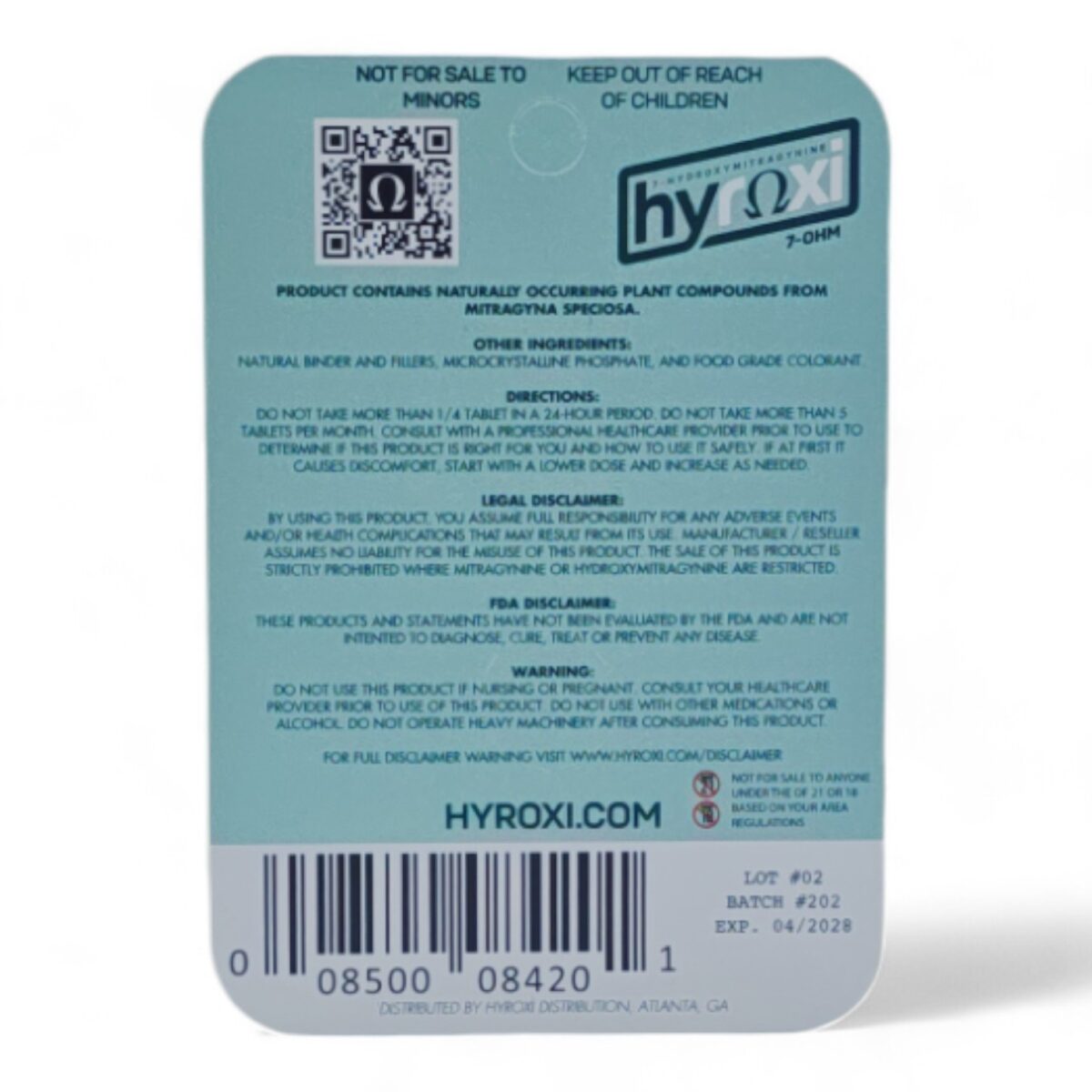 single card of HYROXI Advanced Kratom Tablets - 1 Count (back)