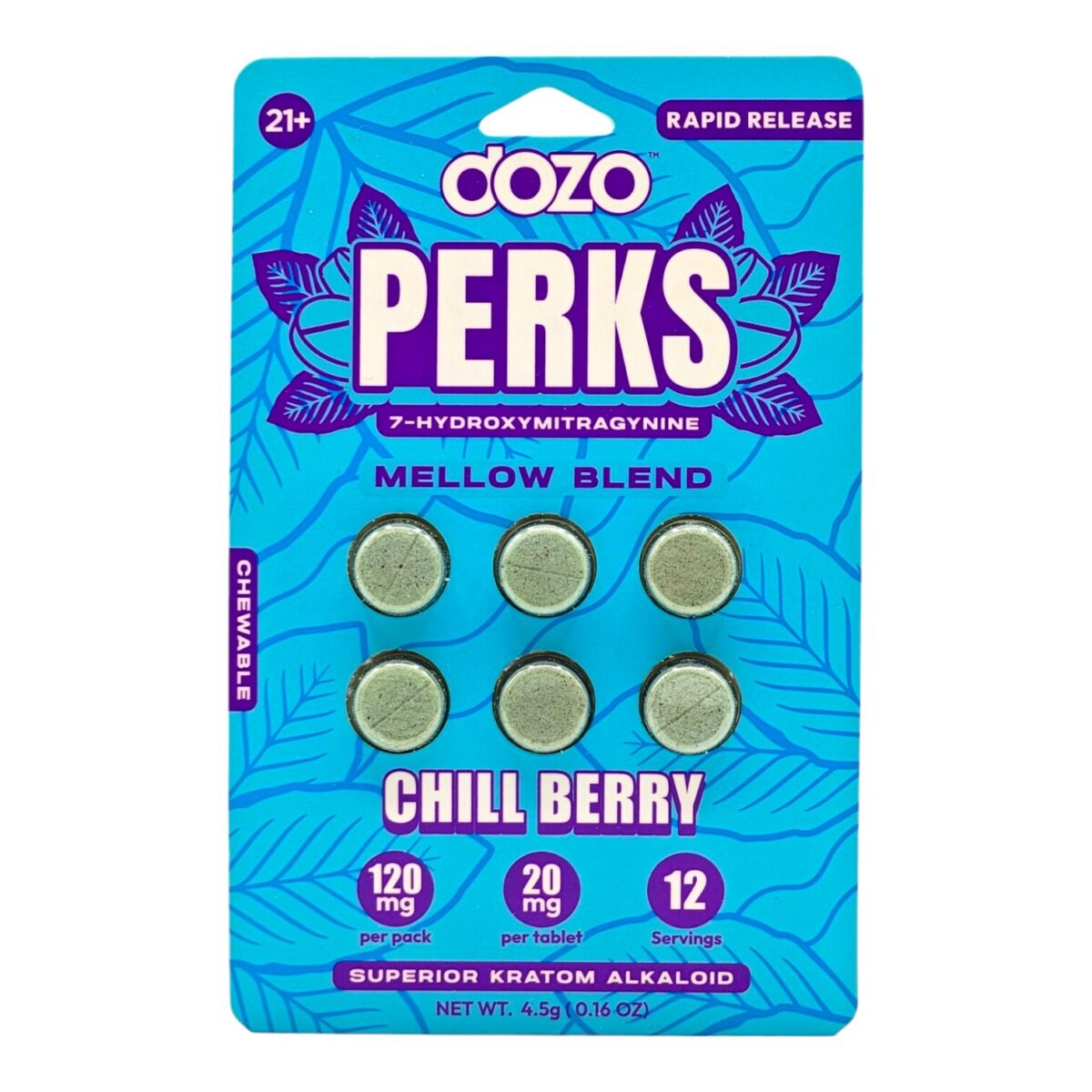 single card of Dozo PERKS 7-OH Tablets 20mg - Raw Gold, 6 Count (front)