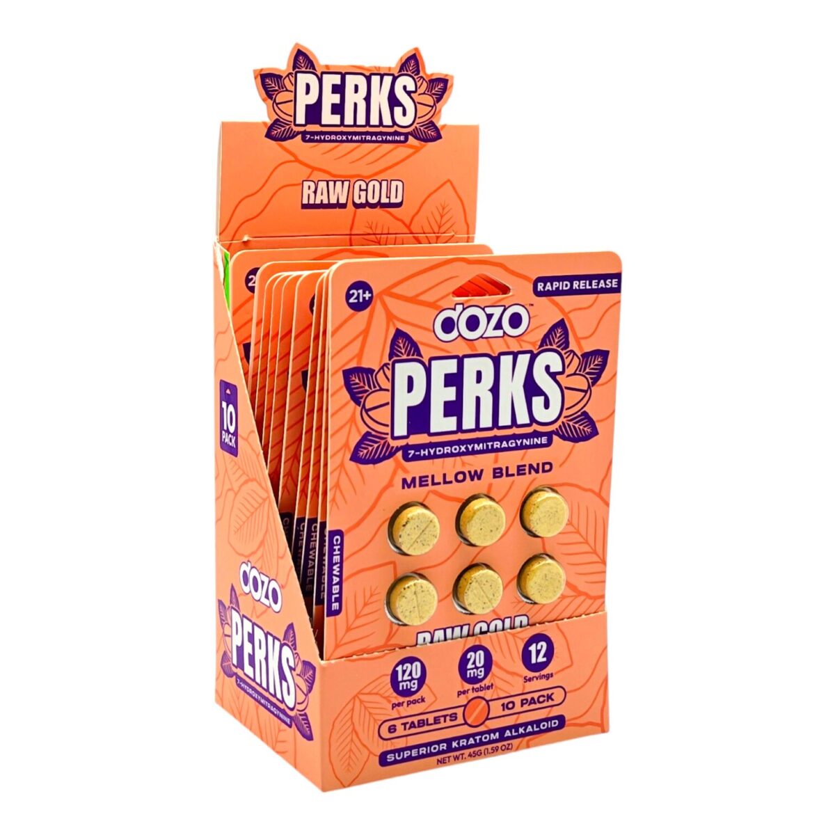 Display case of Dozo PERKS 7-OH Tablets 20mg - Raw Gold, 6 Count (side) (var 2)