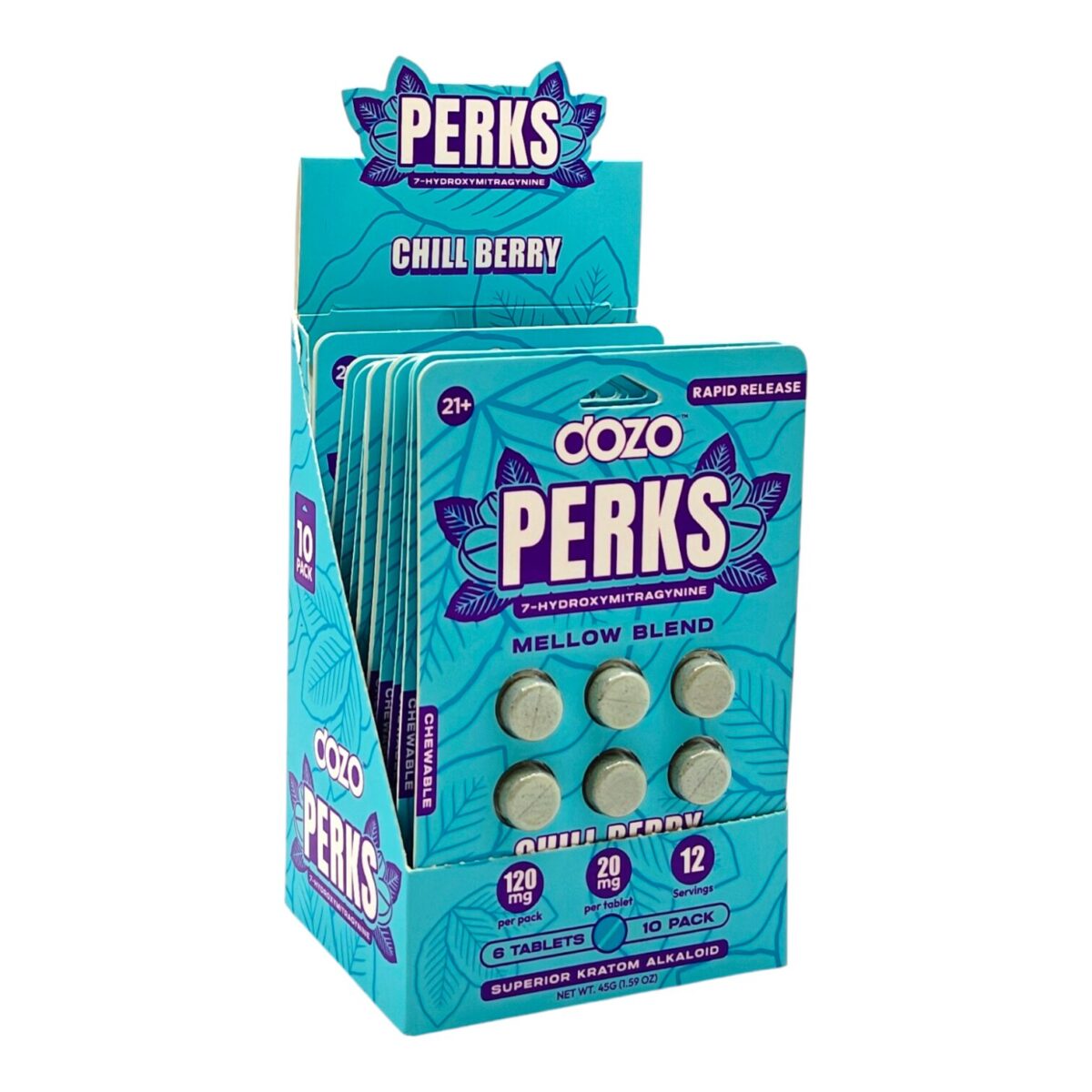 Display case of Dozo PERKS 7-OH Tablets 20mg - Raw Gold, 6 Count (side) (var 1)