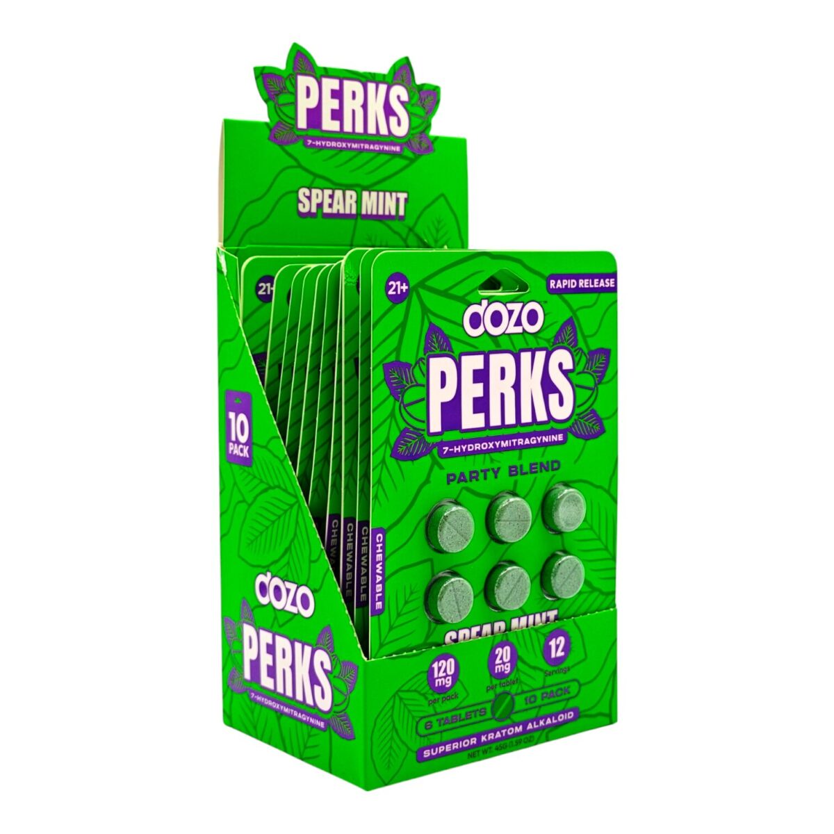 Display case of Dozo PERKS 7-OH Tablets 20mg - Raw Gold, 6 Count (side)