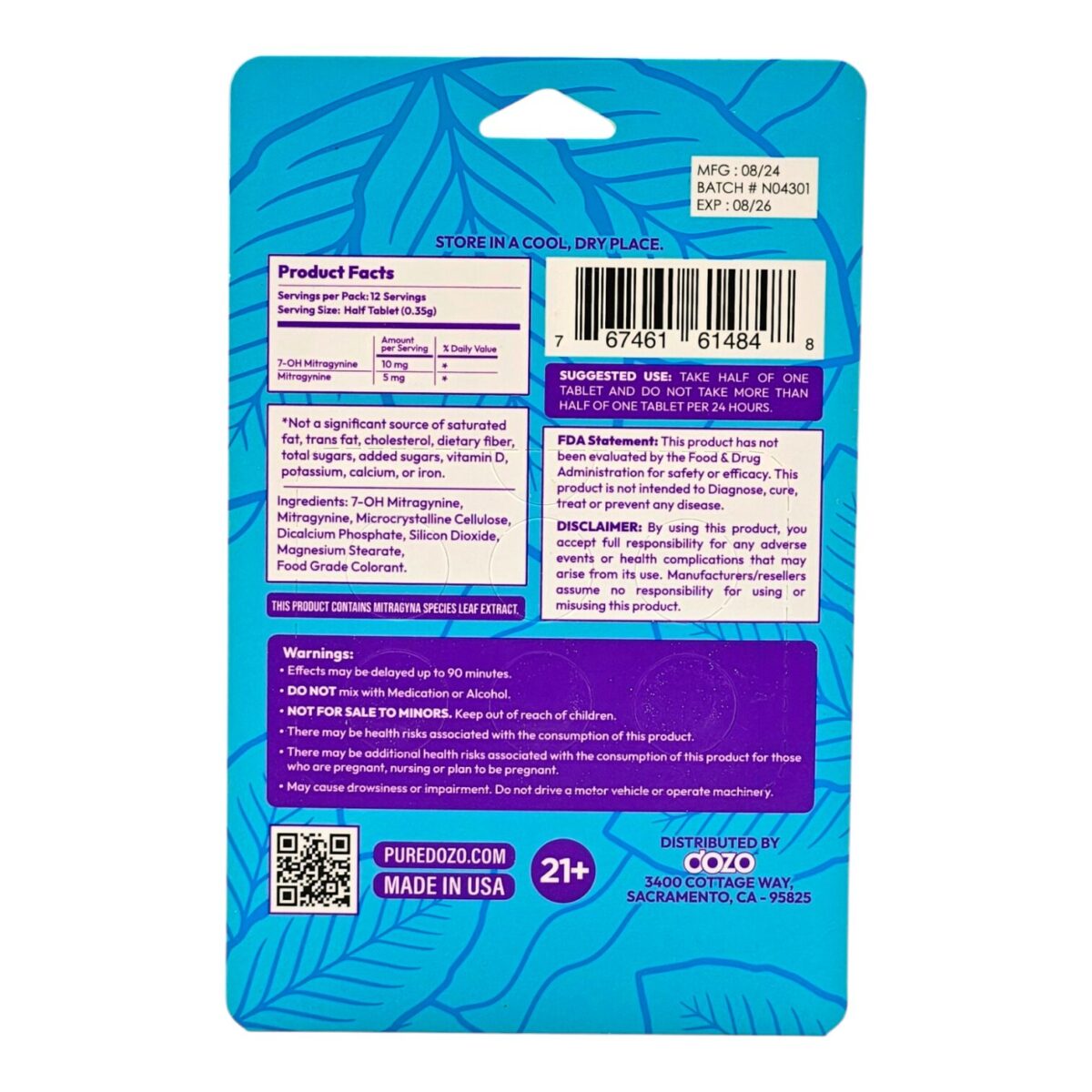 single card of Dozo PERKS 7-OH Tablets 20mg - Raw Gold, 6 Count (back)