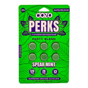 Single card of Dozo PERKS 7-OH Tablets 20mg - Raw Gold, 6 Count (front) (var 1)