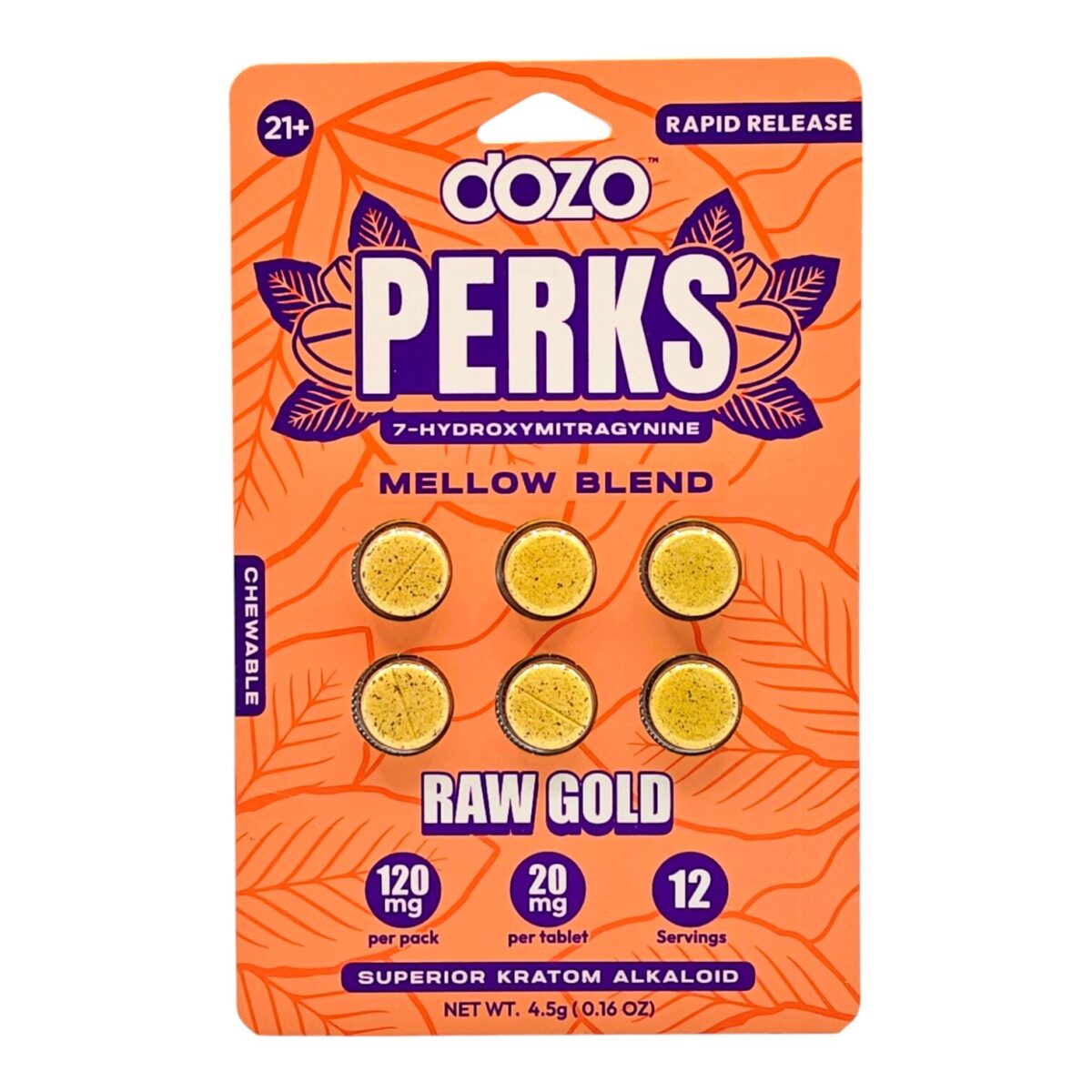 Single card of Dozo PERKS 7-OH Tablets 20mg - Raw Gold, 6 Count (front) (var 3)