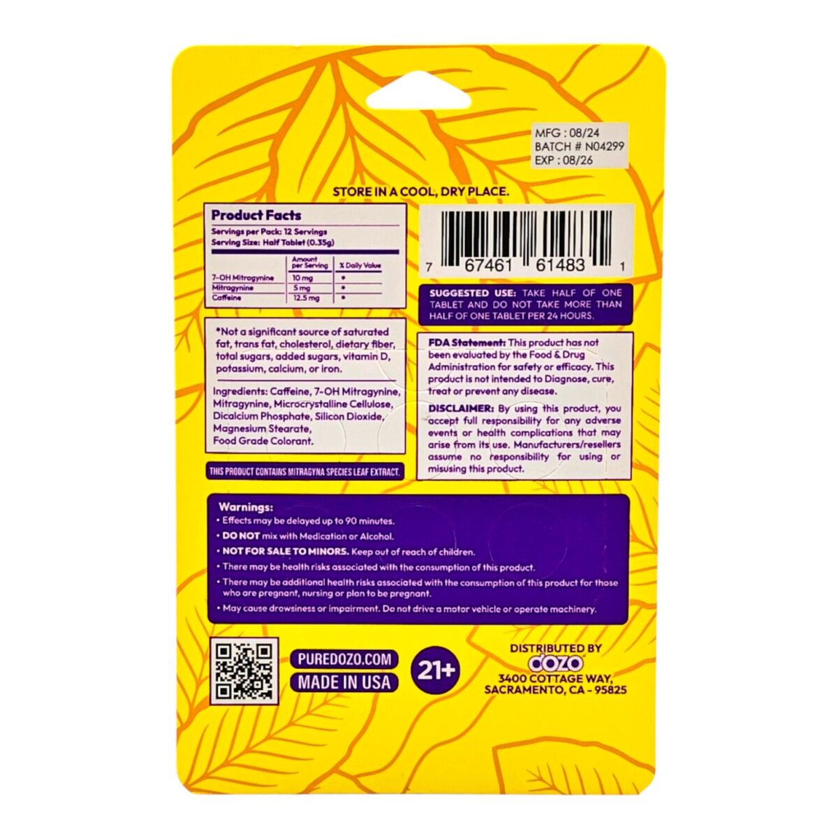 single care of Dozo PERKS 7-OH Tablets 20mg - Raw Gold, 6 Count (back) (var 2)