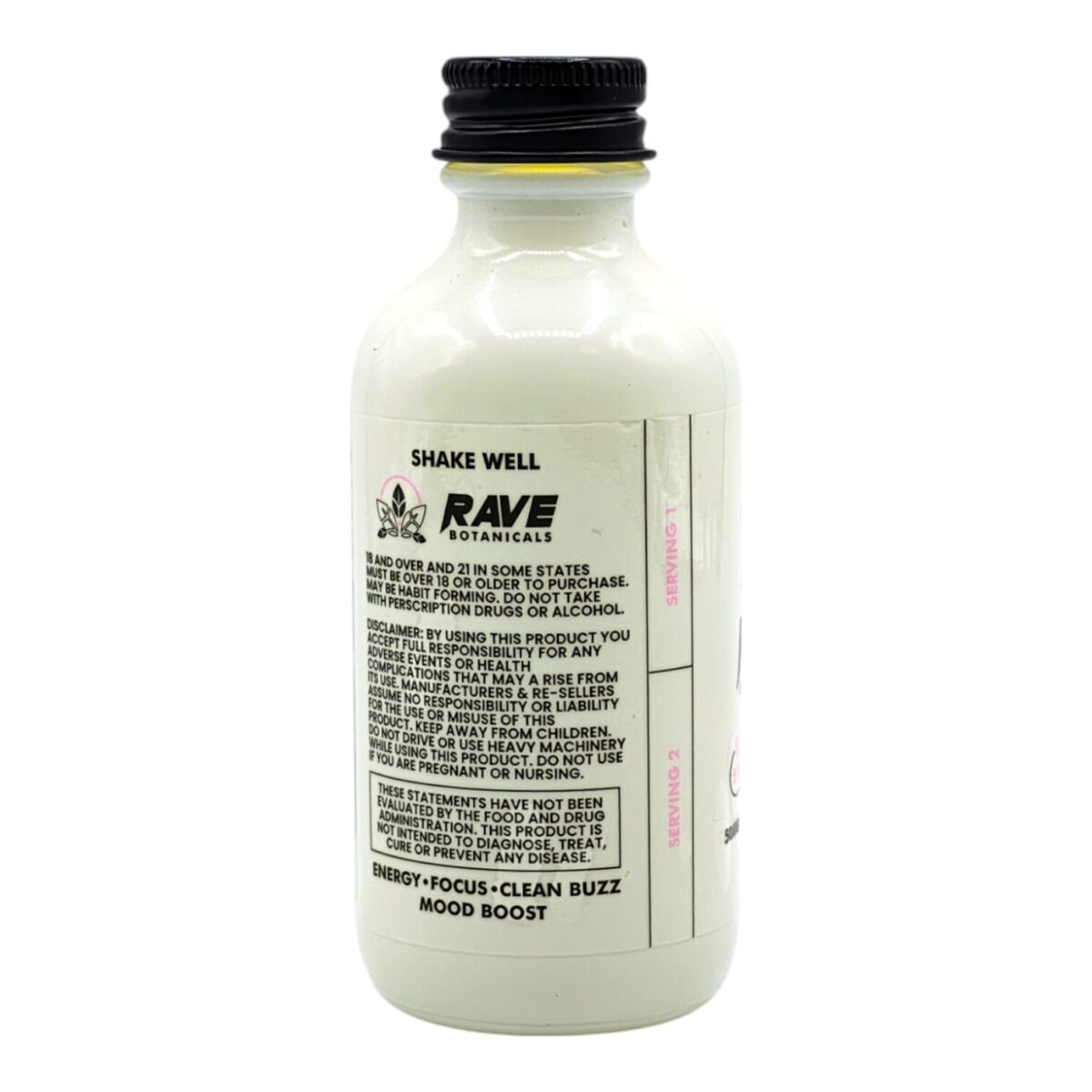 Single bottle of Rave Botanicals Kratom Kava Blend Strawberry Lemonade Shot 50mg 60mL (side)