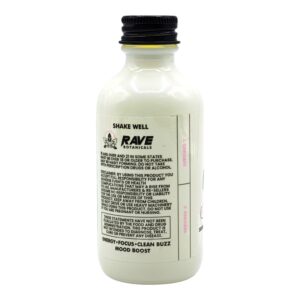 Single bottle of Rave Botanicals Kratom Kava Blend Strawberry Lemonade Shot 50mg 60mL (side)
