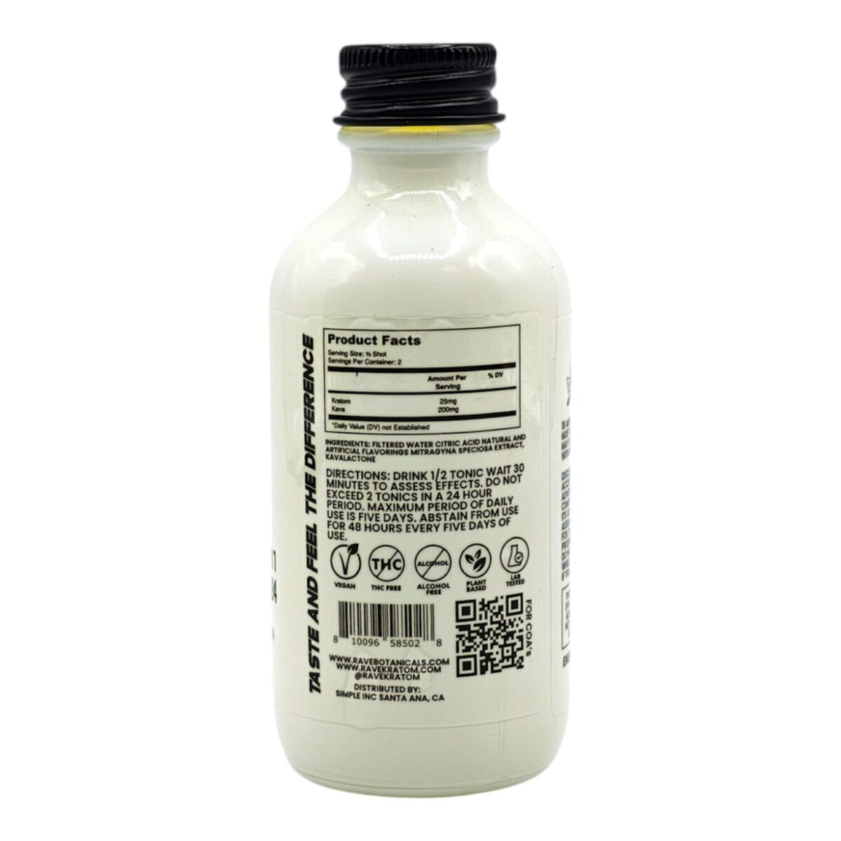 Single bottle of Rave Botanicals Kratom Kava Blend Strawberry Lemonade Shot 50mg 60mL (back)